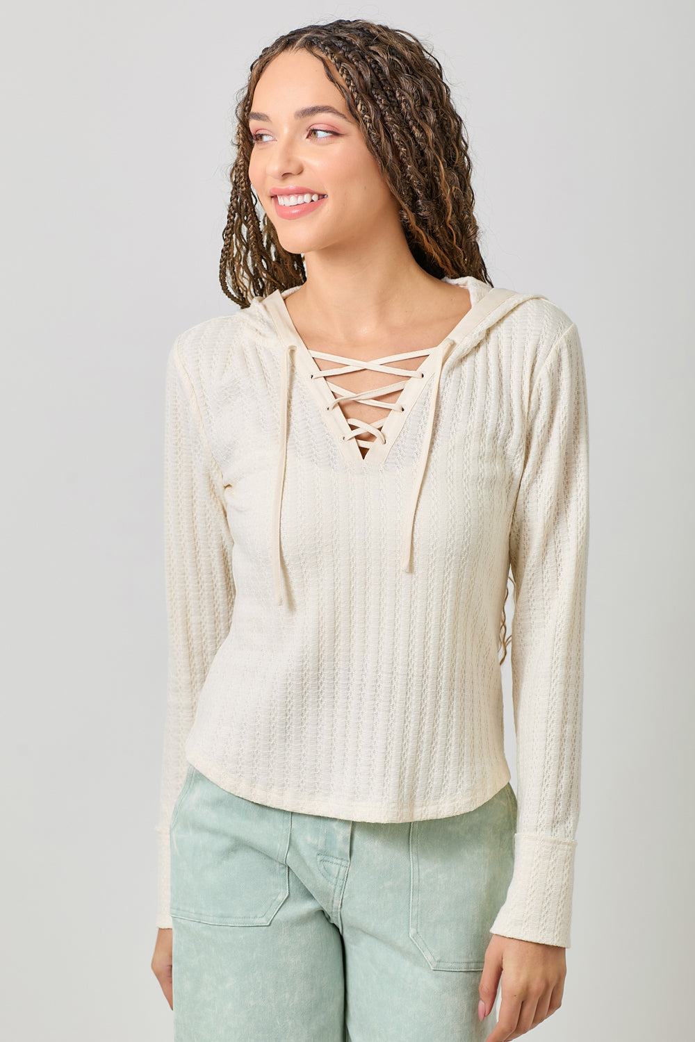 Mystree Women's Ivory Lace Up Knit Hoodie Top