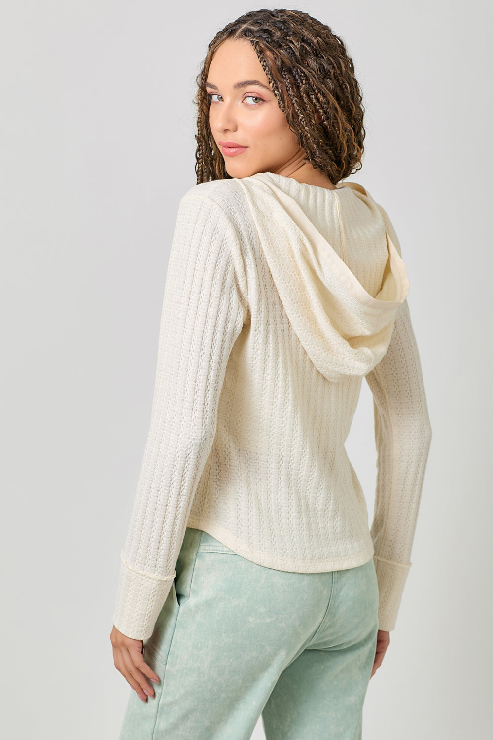Mystree Women's Ivory Lace Up Knit Hoodie Top