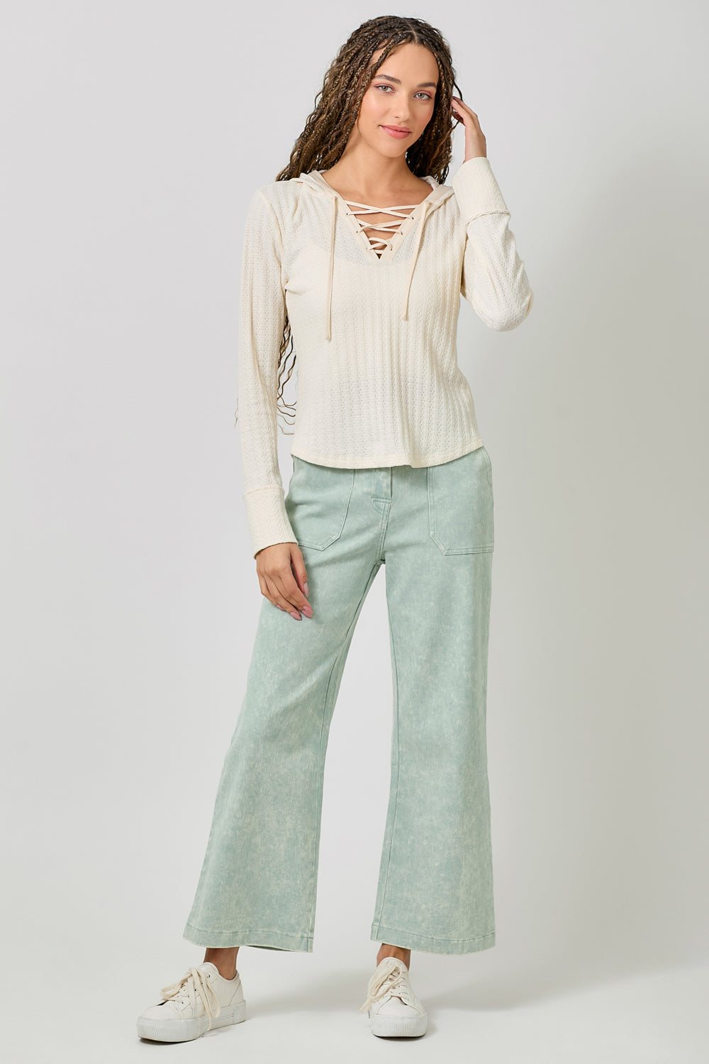 Mystree Women's Ivory Lace Up Knit Hoodie Top