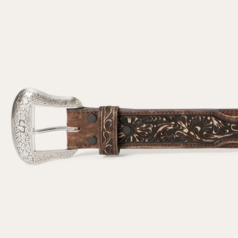Stetson Hair On Hide Tooled Tab Belt