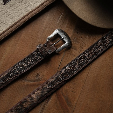 Stetson Hair On Hide Tooled Tab Belt