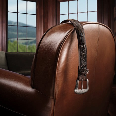 Stetson Hair On Hide Tooled Tab Belt