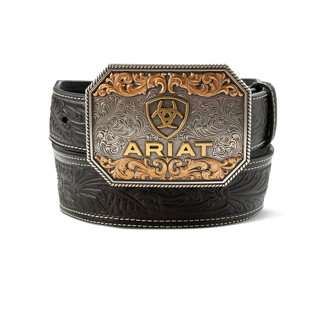 Ariat black leather belt with floral embossed pattern and silver-tone buckle