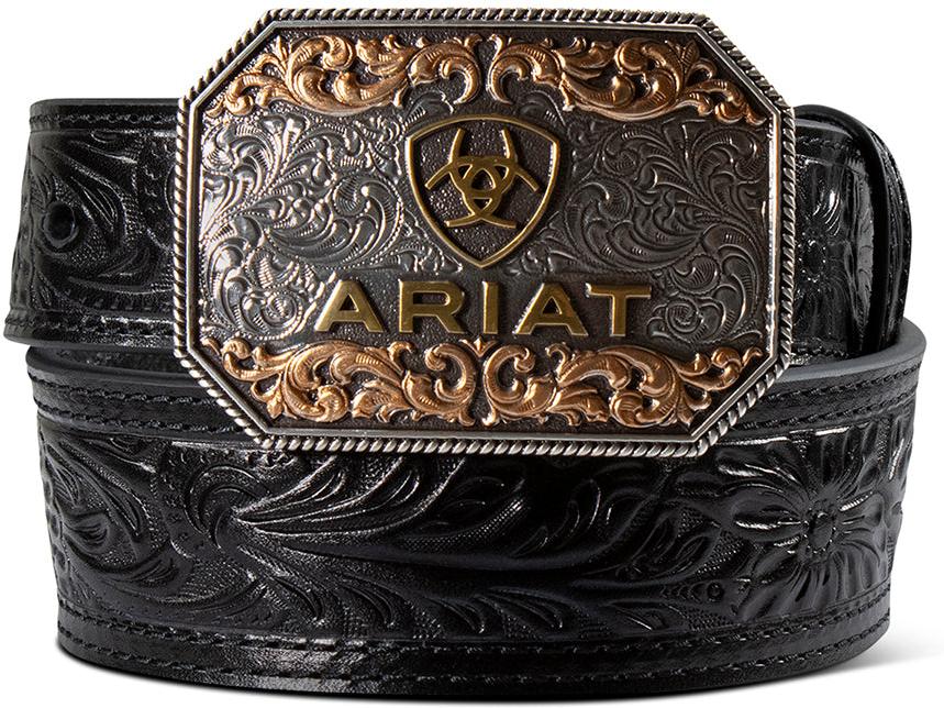 Ariat Kid's Black Floral Embossed Belt with Trophy Buckle - West 20 Saddle Co.