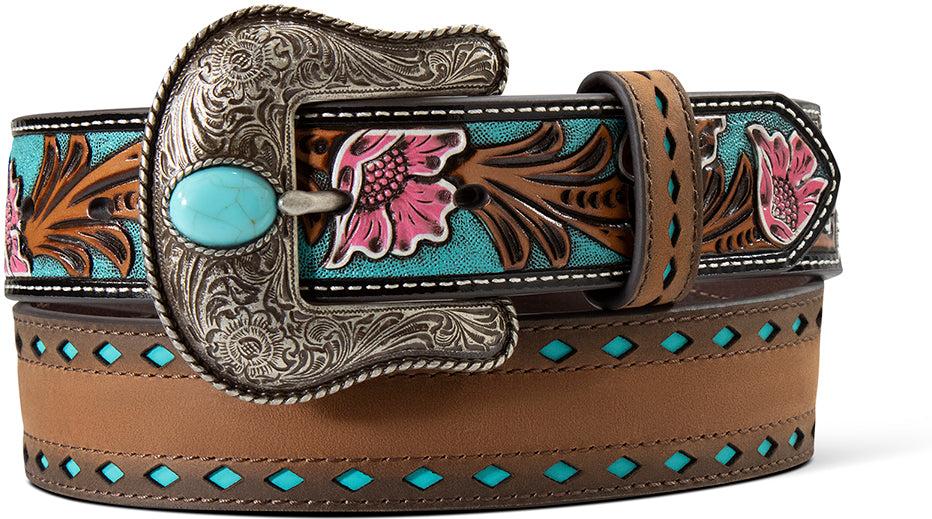 Ariat Women's Turquoise Diamond Cutout Belt with Floral Embossed Billets - West 20 Saddle Co.
