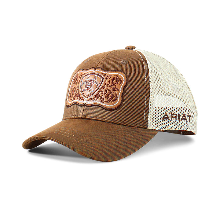Ariat Brown with Leather Floral Print Patch Ball Cap