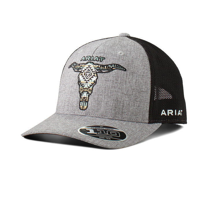 Ariat Grey Longhorn Skull Flex Fit Ball Cap