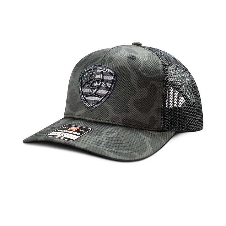 Ariat Black and Grey 3D Embroidered American Flag Shield Patch Ball Cap