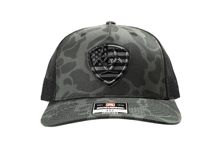 Ariat Black and Grey 3D Embroidered American Flag Shield Patch Ball Cap