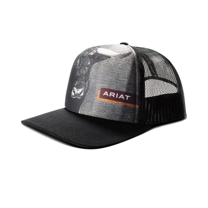 Ariat Black with Bull Image Printed Ball Cap