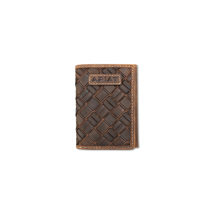 Ariat Medium Brown Large Basket Weave Trifold Wallet - West 20 Saddle Co.