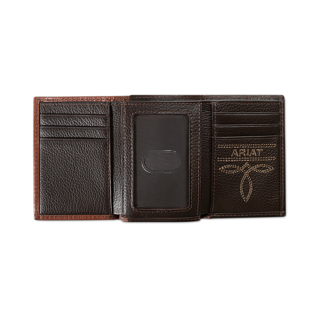 Ariat Brown Textured Leather with Red Trim Trifold Wallet - West 20 Saddle Co.