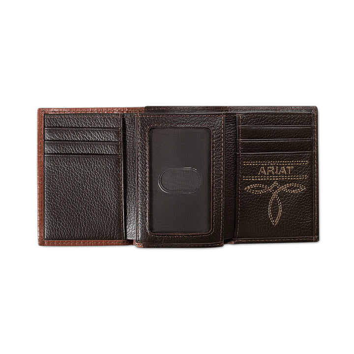 Ariat Brown Textured Leather with Red Trim Trifold Wallet - West 20 Saddle Co.