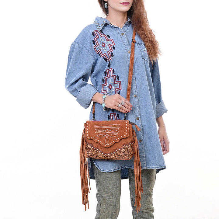 American Darling Tan Suede Crossbody Bag with Scalloped Flap