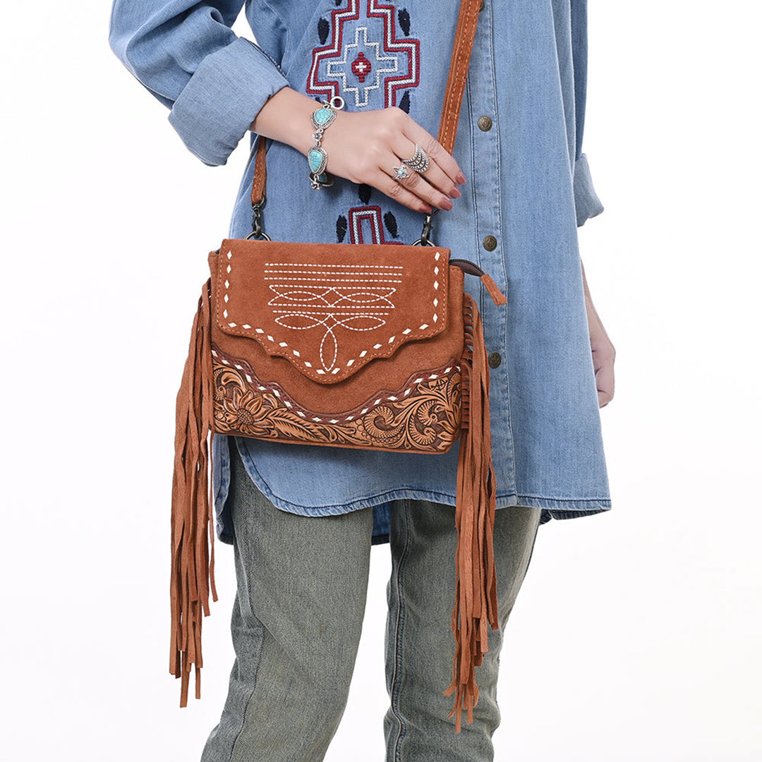 American Darling Tan Suede Crossbody Bag with Scalloped Flap