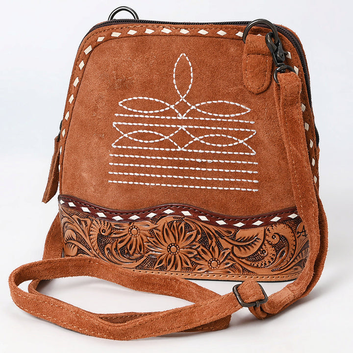 American Darling Tan Suede with White Boot Stitched Crossbody Bag