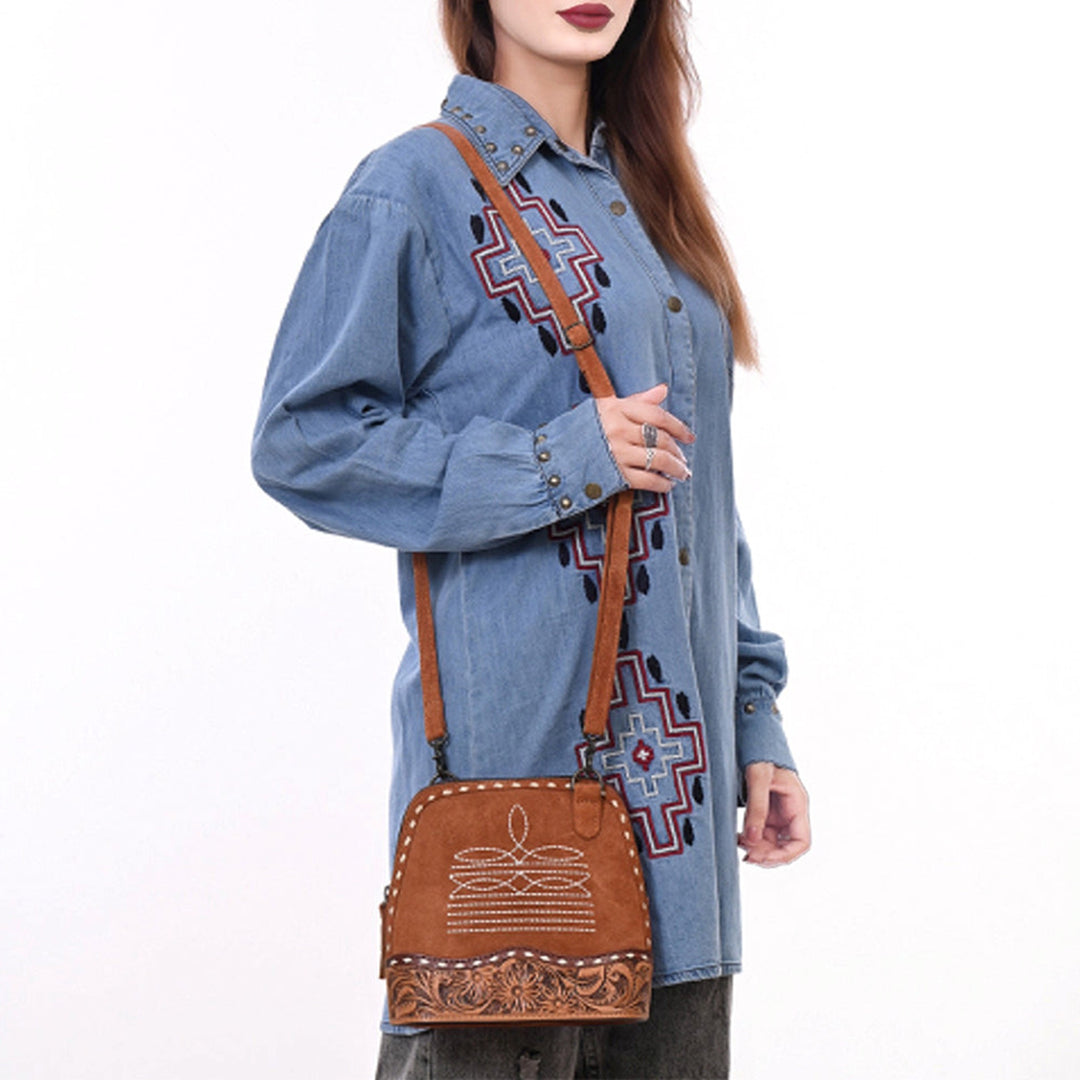 American Darling Tan Suede with White Boot Stitched Crossbody Bag