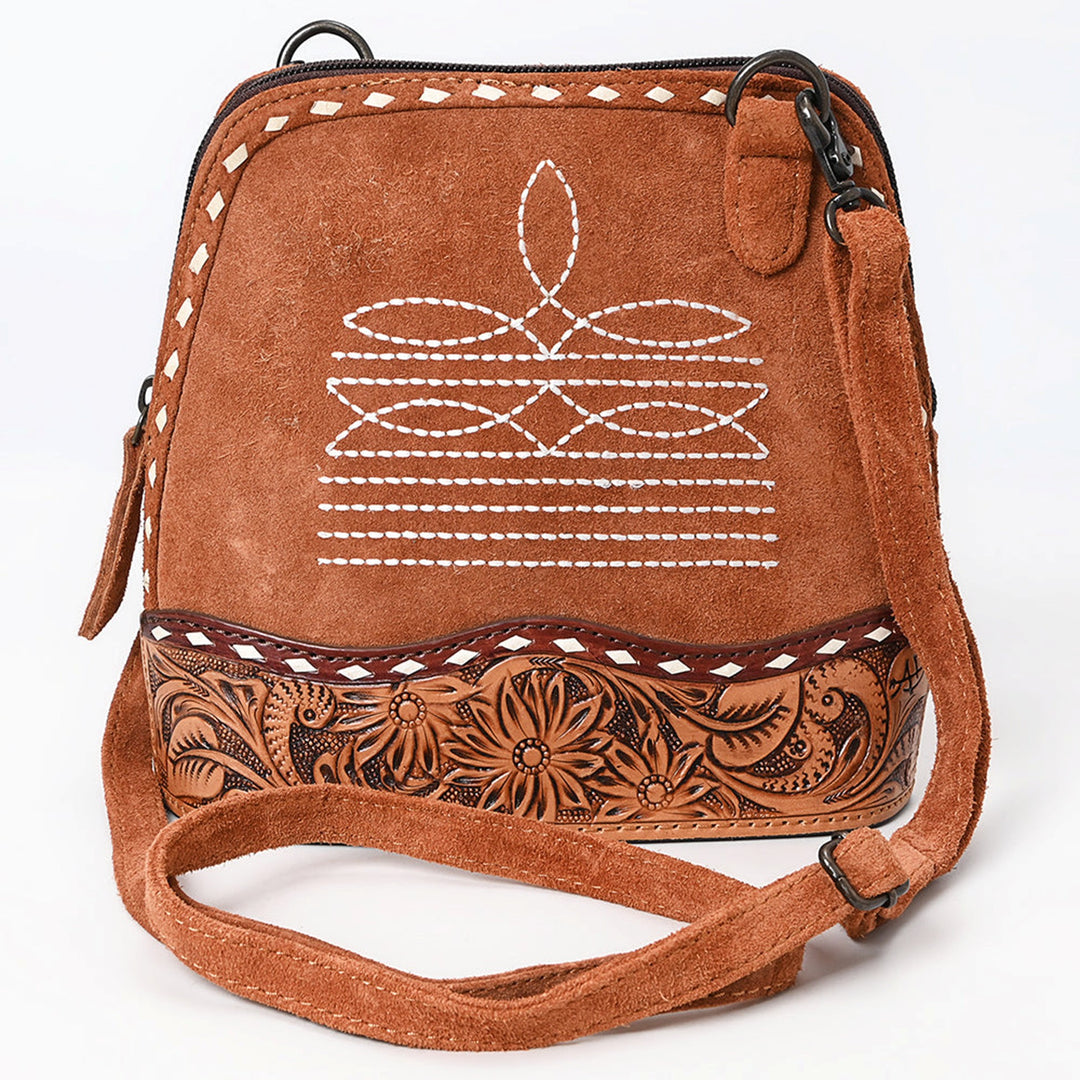 American Darling Tan Suede with White Boot Stitched Crossbody Bag