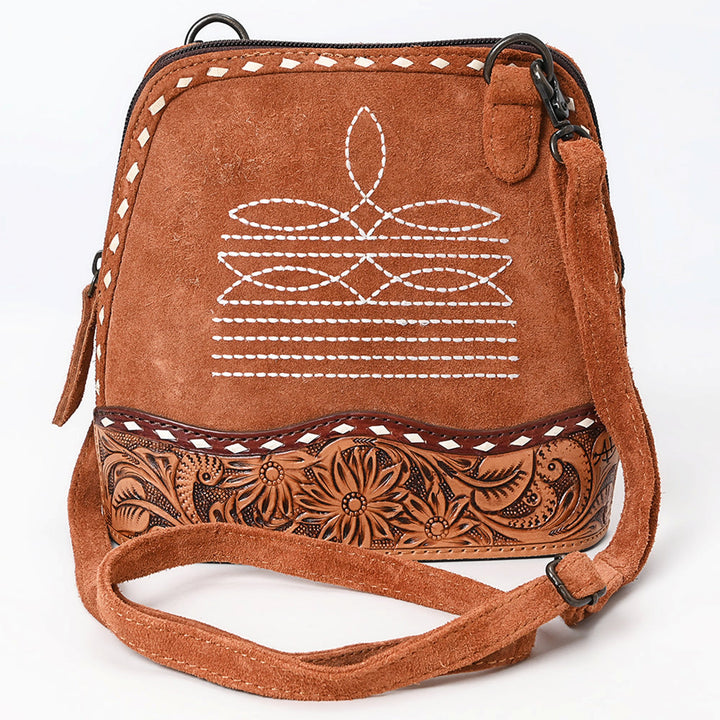 American Darling Tan Suede with White Boot Stitched Crossbody Bag