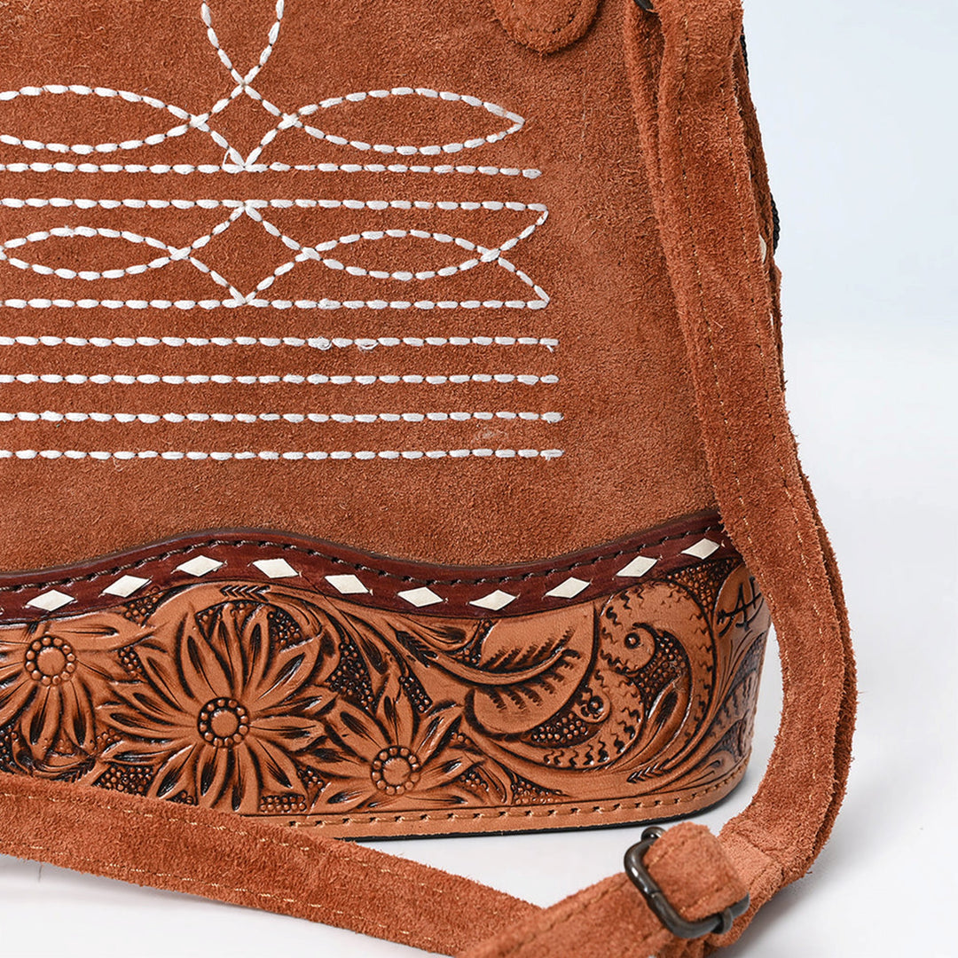 American Darling Tan Suede with White Boot Stitched Crossbody Bag