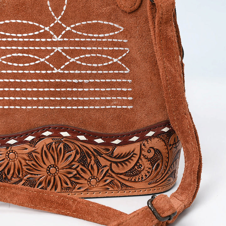 American Darling Tan Suede with White Boot Stitched Crossbody Bag