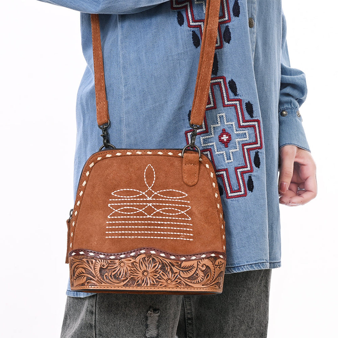 American Darling Tan Suede with White Boot Stitched Crossbody Bag