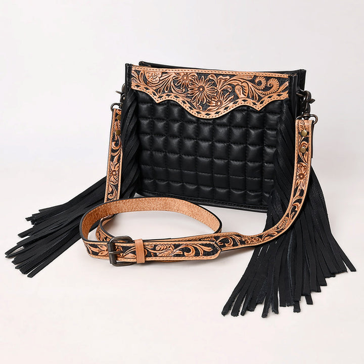 American Darling Black Quilted Leather with Floral Tooled Crossbody Bag