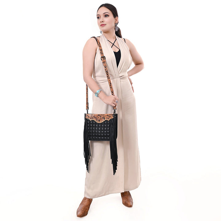 American Darling Black Quilted Leather with Floral Tooled Crossbody Bag