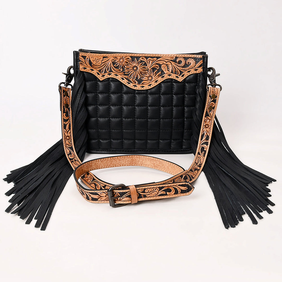American Darling Black Quilted Leather with Floral Tooled Crossbody Bag
