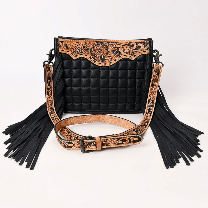 American Darling Black Quilted Leather with Floral Tooled Crossbody Bag