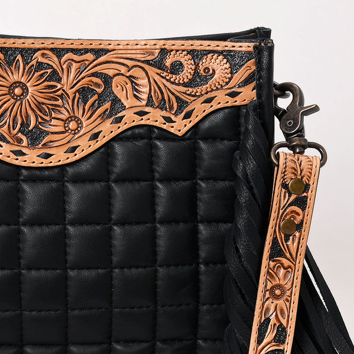 American Darling Black Quilted Leather with Floral Tooled Crossbody Bag