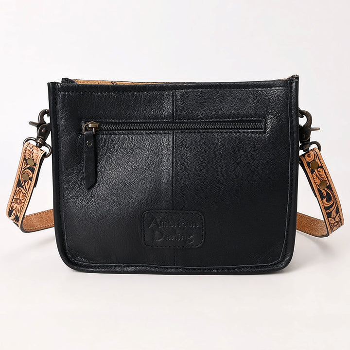 American Darling Black Quilted Leather with Floral Tooled Crossbody Bag