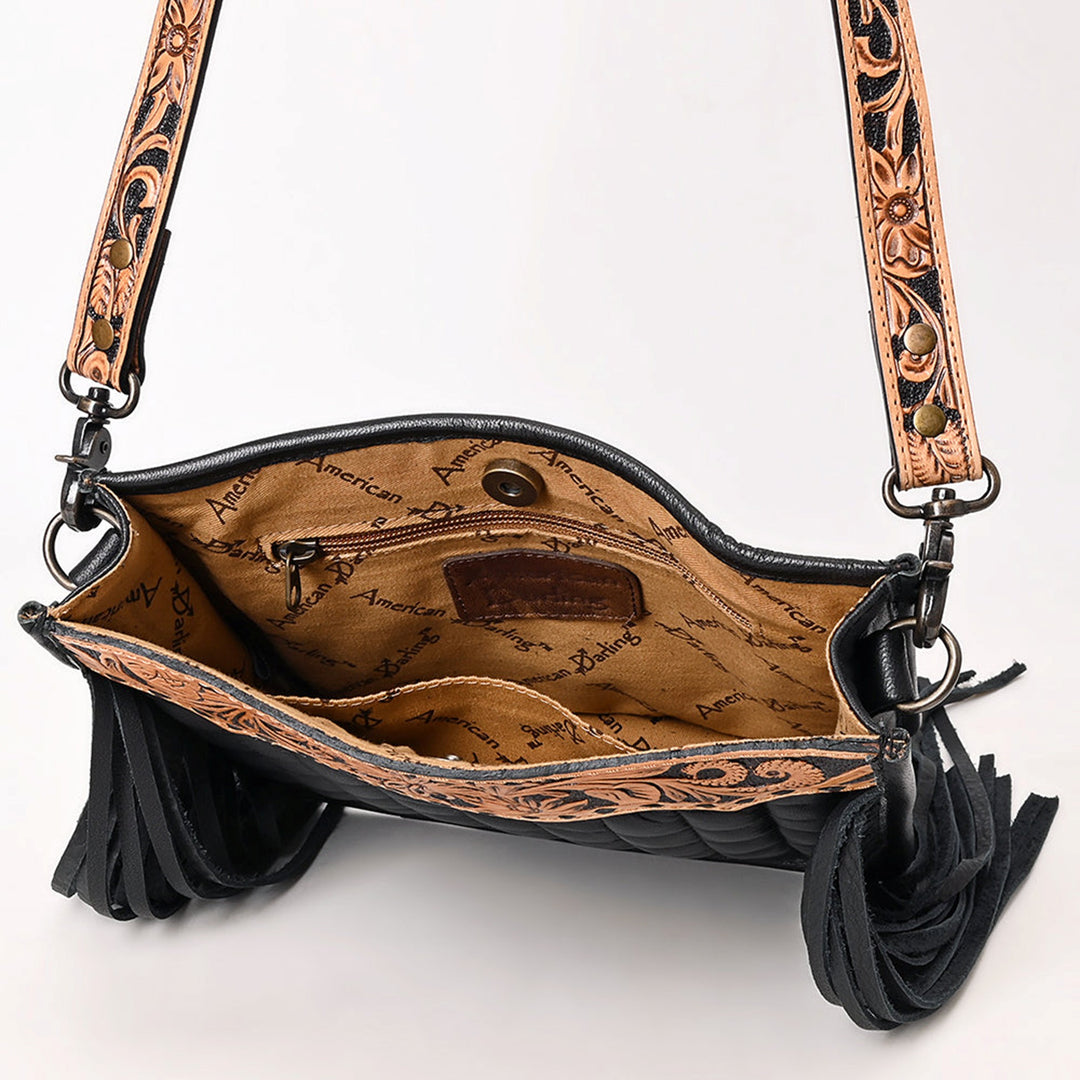 American Darling Black Quilted Leather with Floral Tooled Crossbody Bag