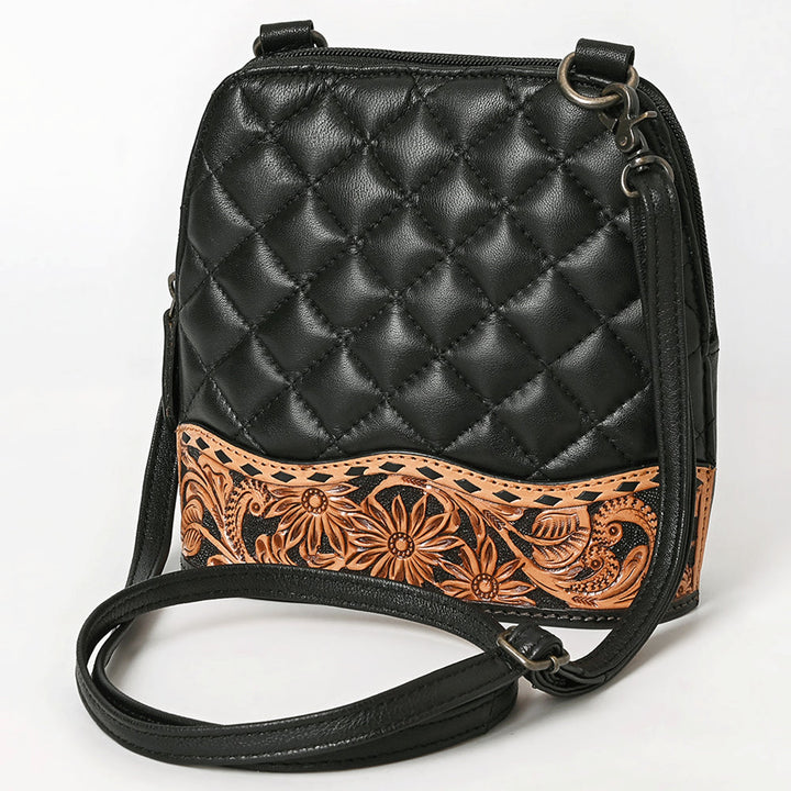 American Darling Black Quilted and Floral Tooled Leather Crossbody Bag