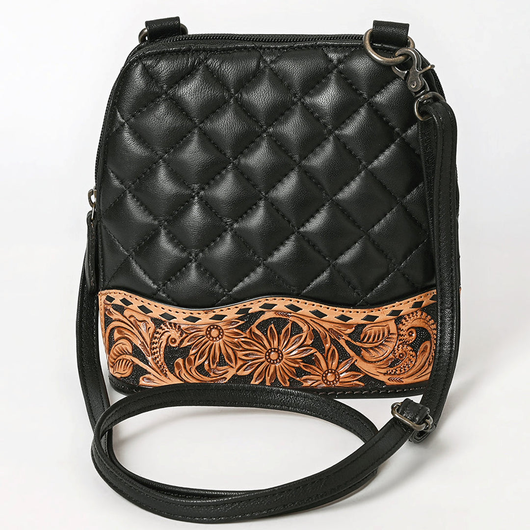 American Darling Black Quilted and Floral Tooled Leather Crossbody Bag