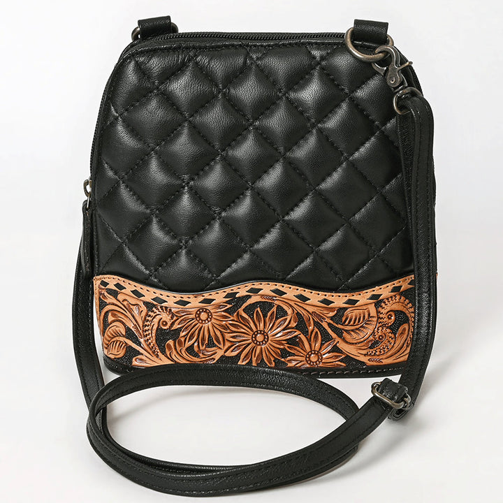 American Darling Black Quilted and Floral Tooled Leather Crossbody Bag
