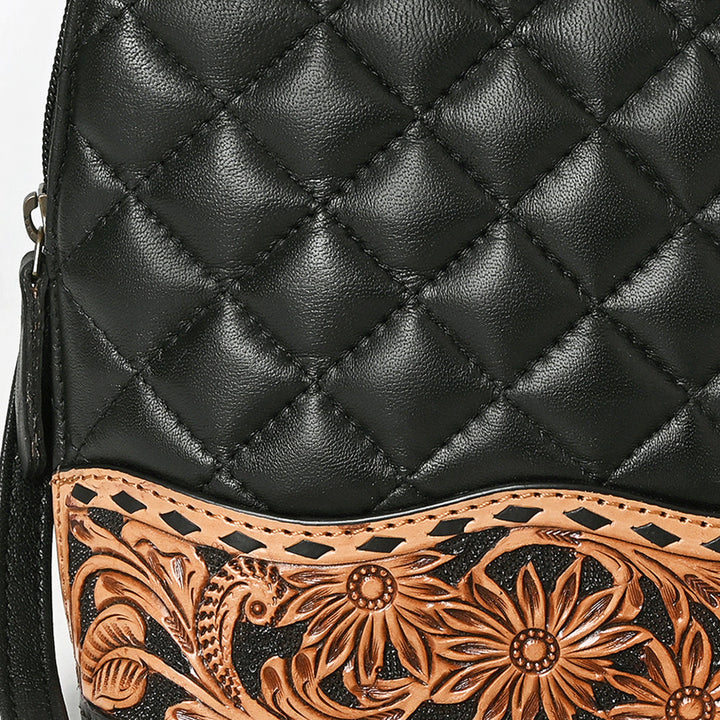 American Darling Black Quilted and Floral Tooled Leather Crossbody Bag