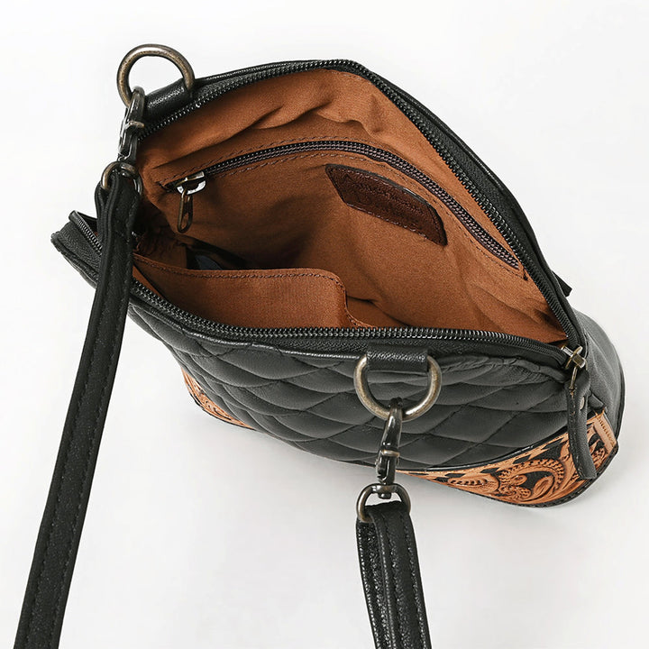 American Darling Black Quilted and Floral Tooled Leather Crossbody Bag