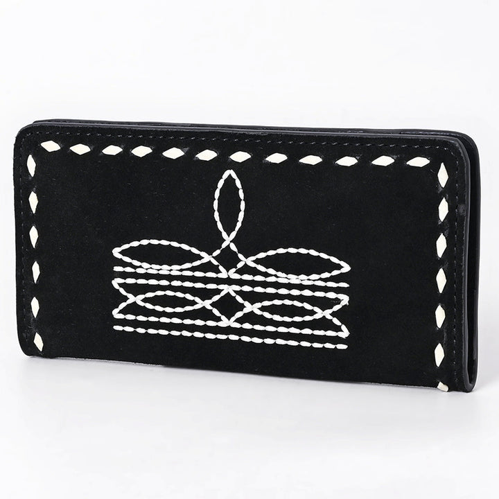 American Darling Black Suede with White Boot Stitch Leather Wallet