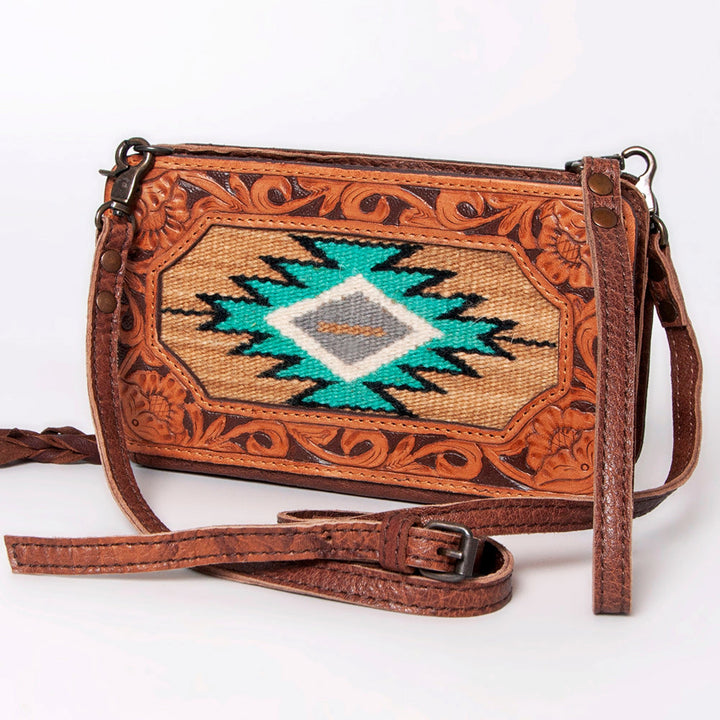 American Darling Tan and Turquoise Southwestern Tribal Genuine Leather Crossbody Bag