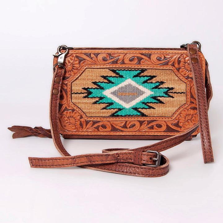 American Darling Tan and Turquoise Southwestern Tribal Genuine Leather Crossbody Bag