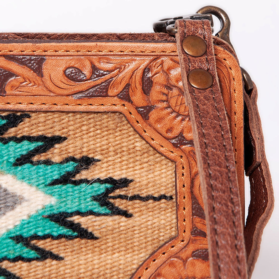 American Darling Tan and Turquoise Southwestern Tribal Genuine Leather Crossbody Bag