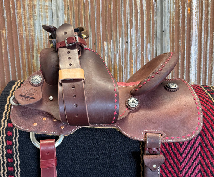 RW Bowman Cranberry Buckstitch Ostrich Barrel Saddle