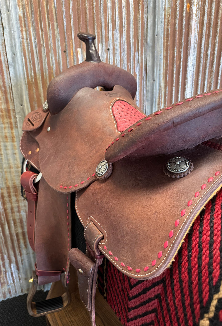 RW Bowman Cranberry Buckstitch Ostrich Barrel Saddle
