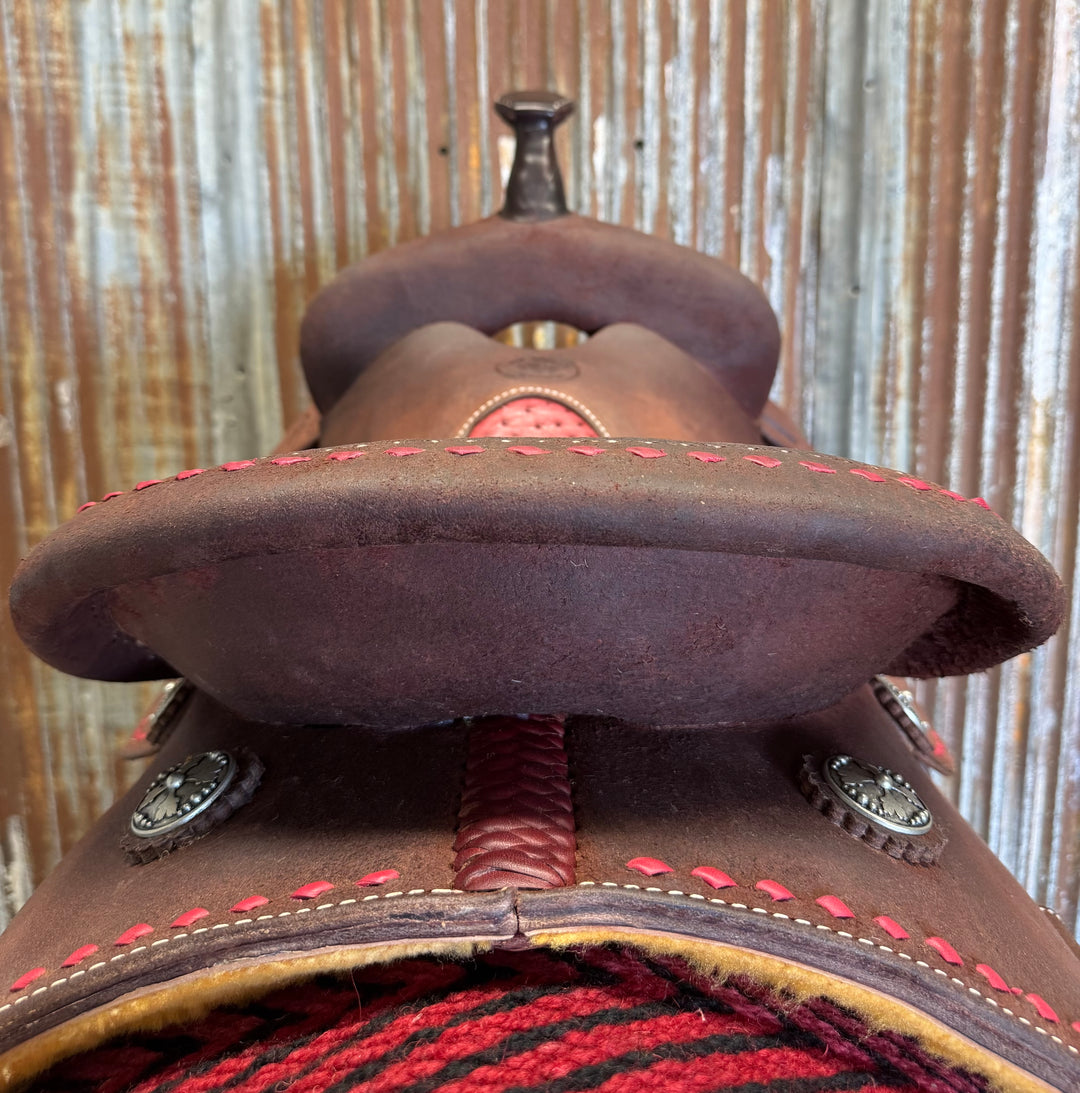 RW Bowman Cranberry Buckstitch Ostrich Barrel Saddle