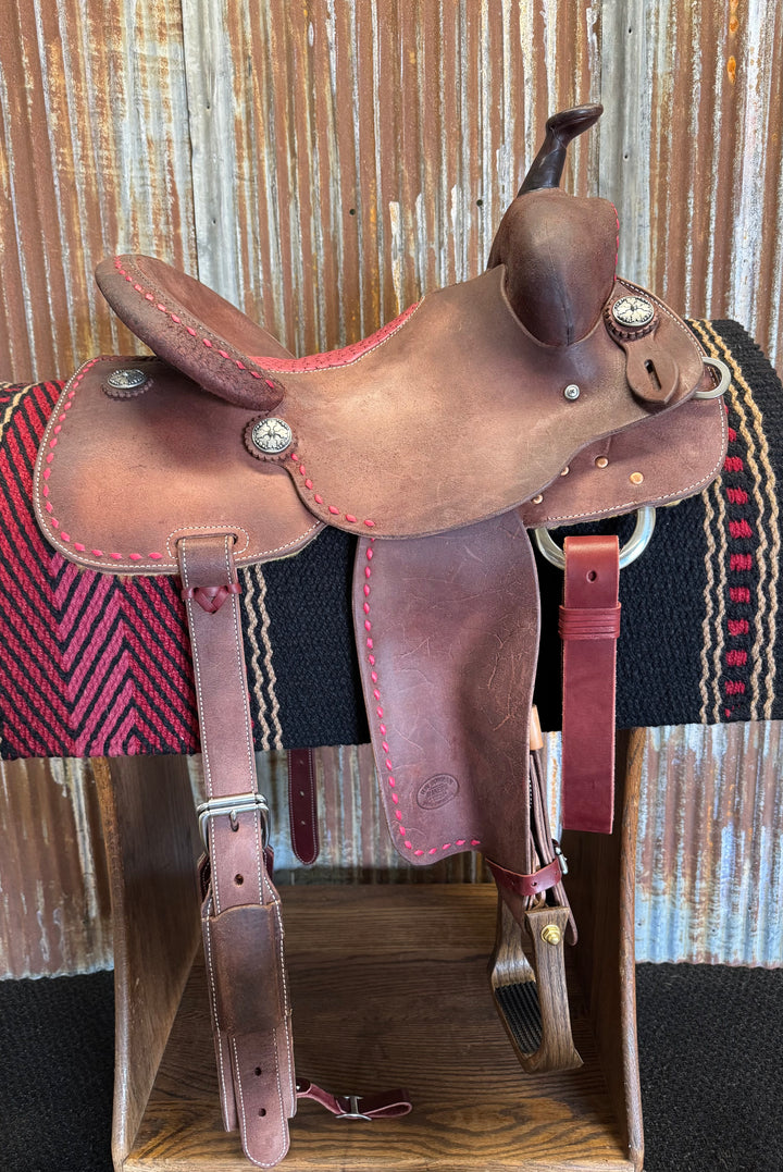 RW Bowman Cranberry Buckstitch Ostrich Barrel Saddle