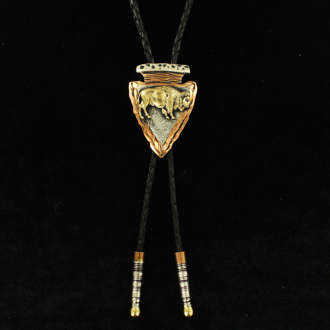 Crumrine Tri-Color Arrowhead with Gold Buffalo Bolo Tie - West 20 Saddle Co.