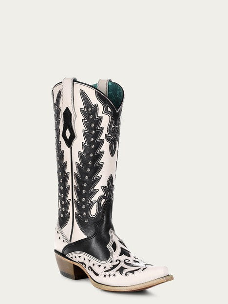 Corral Women's Black Overlay Embroidery and Studs Snip Toe White Cowboy Boot