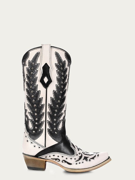 Corral Women's Black Overlay Embroidery and Studs Snip Toe White Cowboy Boot