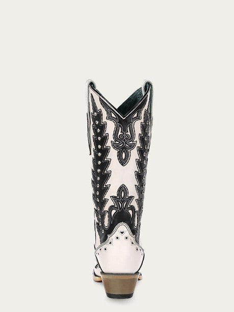 Corral Women's Black Overlay Embroidery and Studs Snip Toe White Cowboy Boot